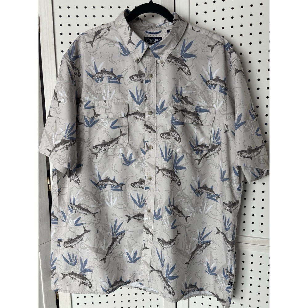 Men's CHAPS XXL Button Down Lightweight Shirt Short Sleeve‎ Fish Fishing Print